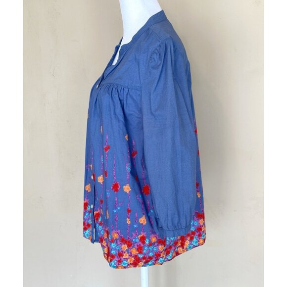 Old Navy Women's Blue Cotton Tunic Water Color Floral Print 3 Qtr Sleeve Sz Med - Picture 2 of 14